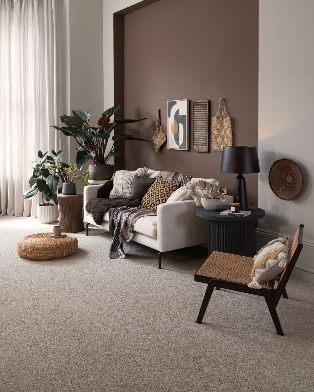 brown living room with taupe carpet